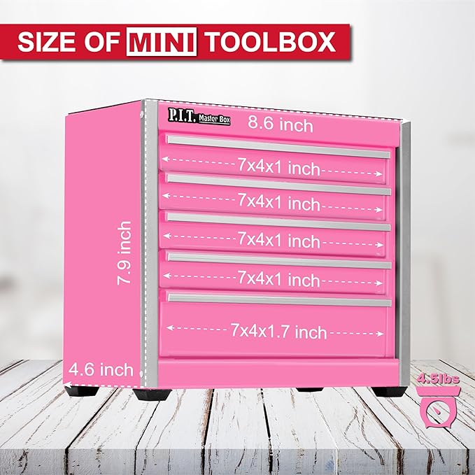 P.I.T. Mini Pink Tool Box, Portable 5-Drawer Micro Roll Cab Steel Tool Box - Image 3