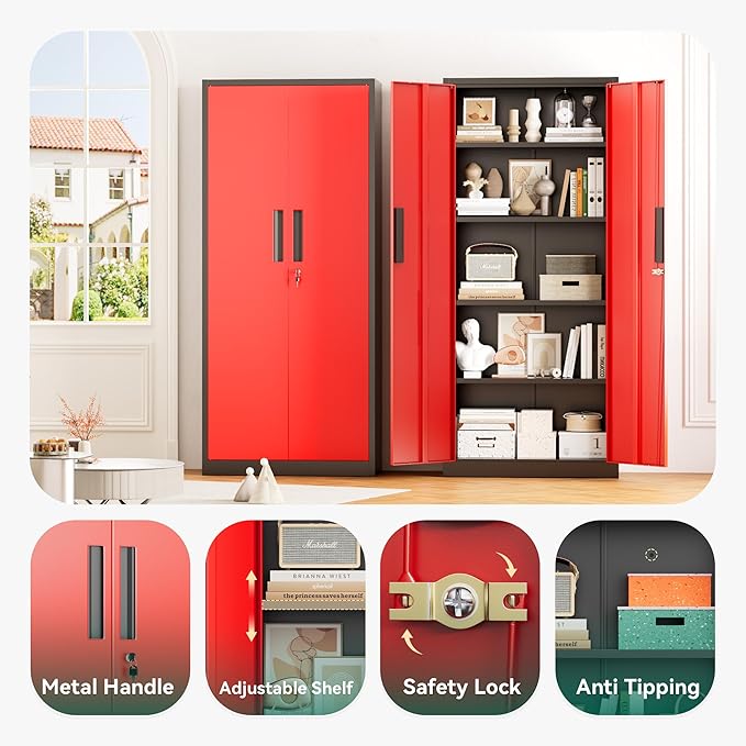 Greenvelly 63" H Metal Storage Cabinet Black Red, Locking Metal Cabinet - Image 4