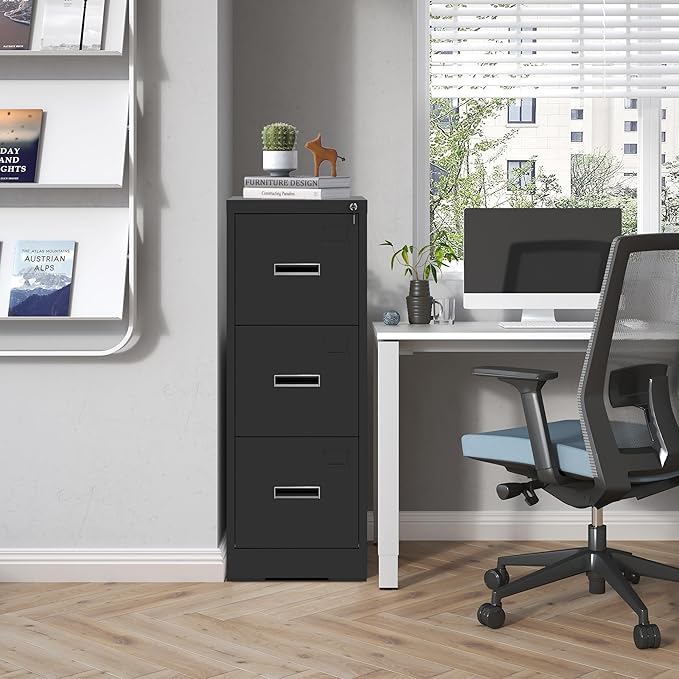 3 Drawer File Cabinet with Lock and Card Slot, Metal Vertical Filing Cabinets - Image 2
