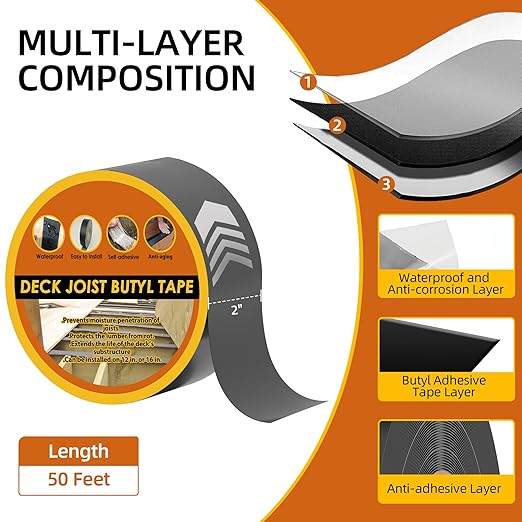 Butyl Joist Tape for Decking 2''×50', 4 Rolls Weather-Resistant Deck Joist Tape - Image 2