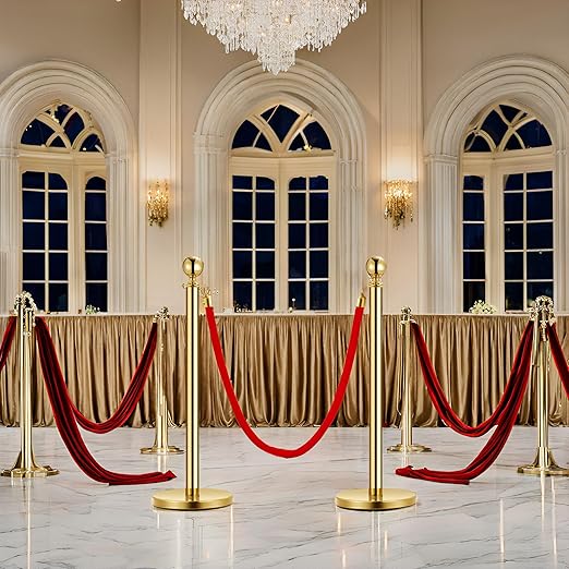 5PCS Gold Stanchion Post, 5 Ft Red Velvet Rope Stainless Steel Crowd Control - Image 7