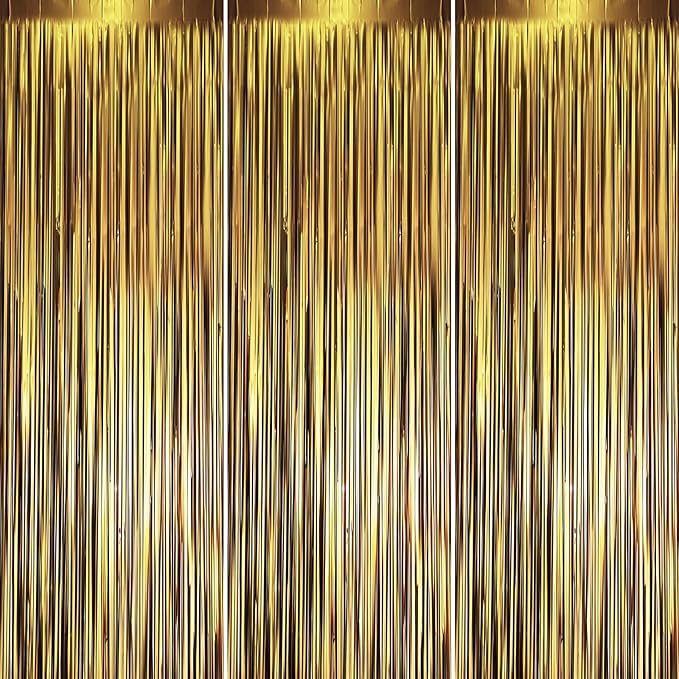 3 Pack 3.3 x 8.2 ft Matte Gold Foil Fringe Backdrop Curtains, Tinsel Streamers by Voircoloria