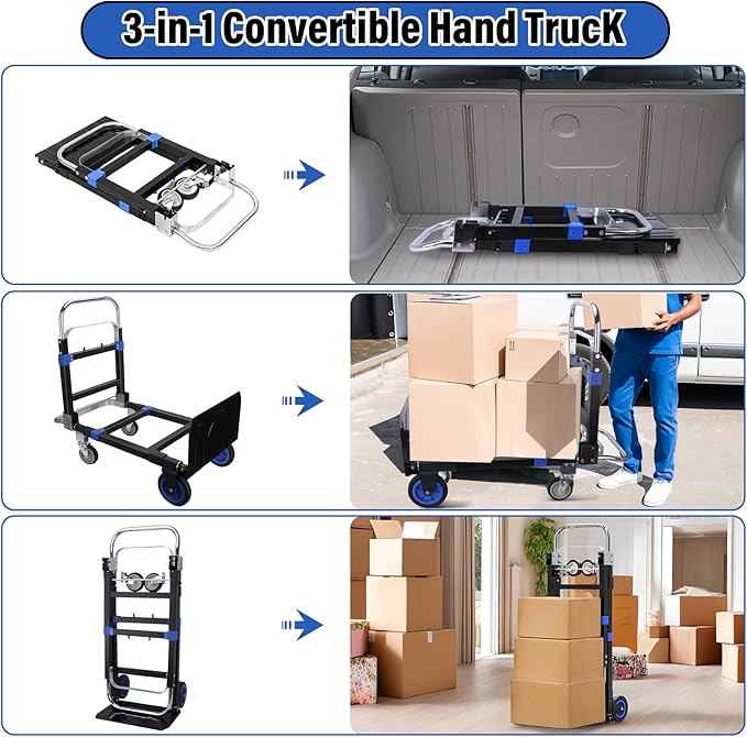 Upgraded 3 in 1 Folding Hand Truck, 600lbs Capacity, Heavy Duty Convertible - Image 3