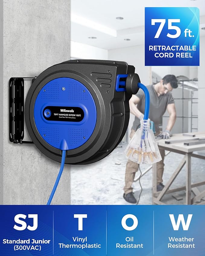75 FT Retractable Extension Cord Reel, Heavy Duty Extension Cord, 14AWG/3C SJTOW - Image 2