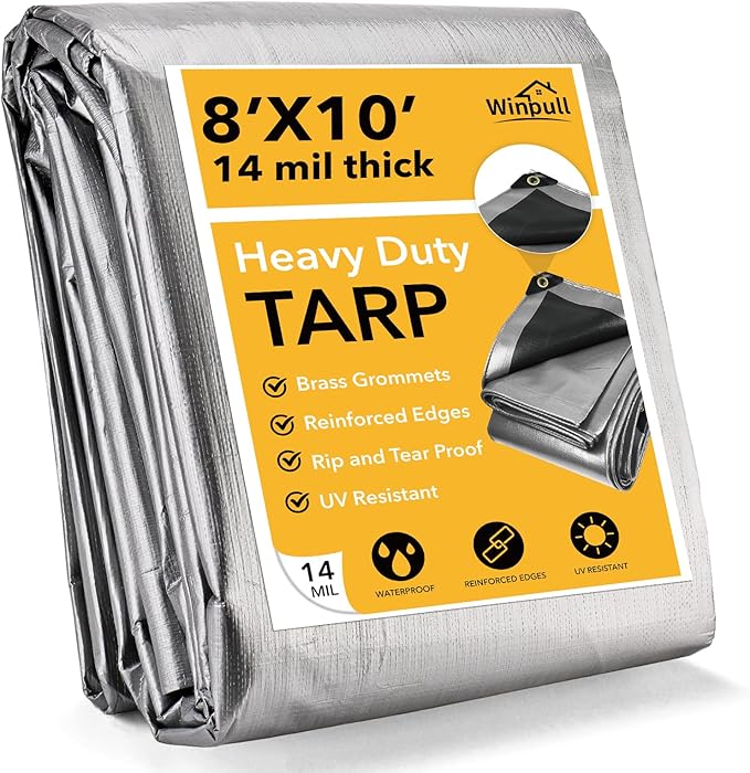 Tarp 8x10 Feet 14 Mil Heavy Duty Waterproof Tarp, Large Multipurpose Cover by Winpull