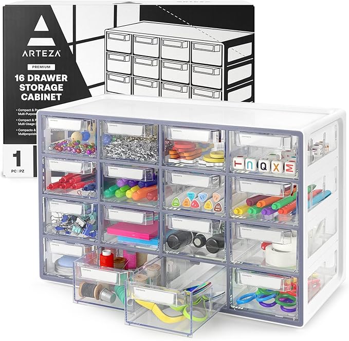 Arteza 16 Drawer Organizer and Storage Cabinet – Clear Plastic, Stackable by ARTEZA