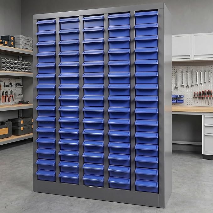 Part Cabinet with 75 Drawers, Shelves & Label Stickers by Unknown