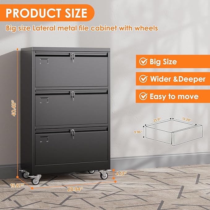 METAN Upgrade 3 Drawers Lateral File Cabinet on Wheels, Steel Office Filing - Image 2