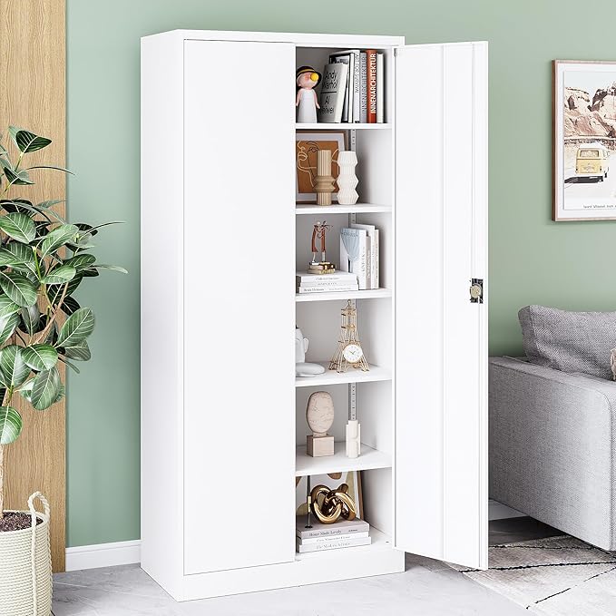 Metal Storage Cabinet with Lock, Lockable Garage Cabinet with 2 Doors and 5 - Image 6