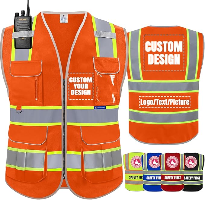 BeautyWill Custom Logo 10 Pockets Safety Vest Class2 ANSI Certified High by BeautyWill