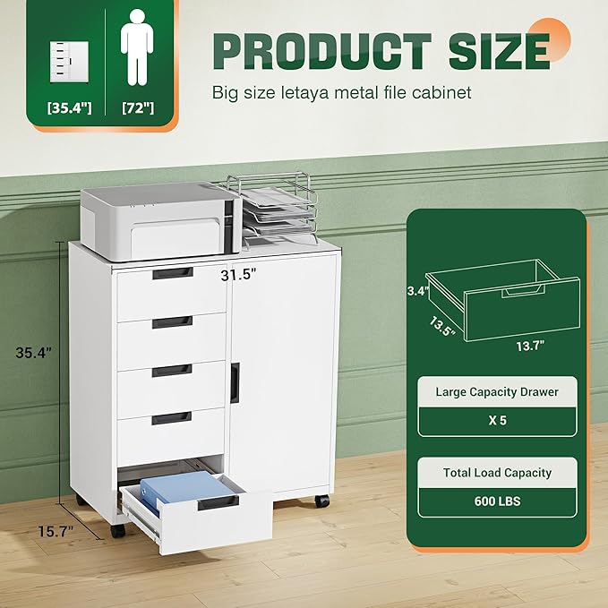 Letaya 5 Drawer Storage Cabinet, Mobile Printer Stand - Image 3
