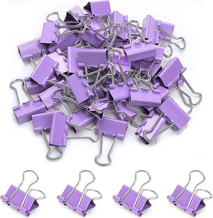 50 Pack Medium Purple Binder Clips 1 Inch, Colored Paper Clamps, Middle Size by Qikaara