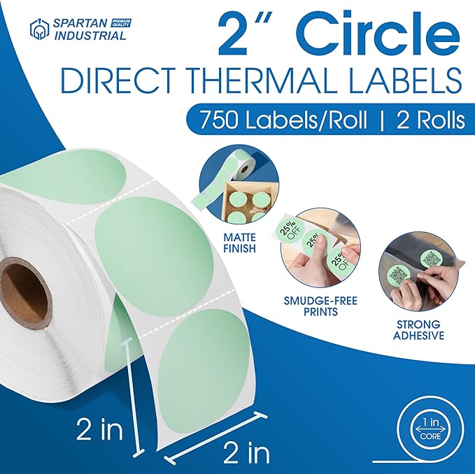 Spartan Industrial 2" Round Direct Thermal Green Labels | Perforated Custom - Image 2