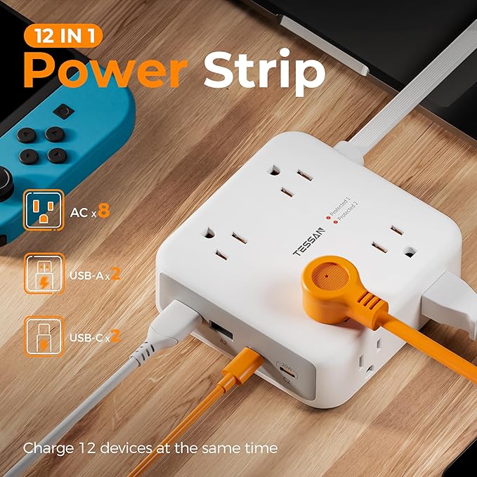 TESSAN Surge Protector Power Strip, 5 Ft Extension Cord Flat Wall Plug - Image 2