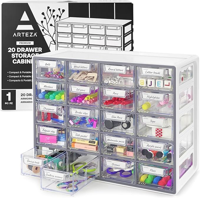 ARTEZA 20 Drawer Organizer and Storage Cabinet – Clear Plastic, Stackable by ARTEZA