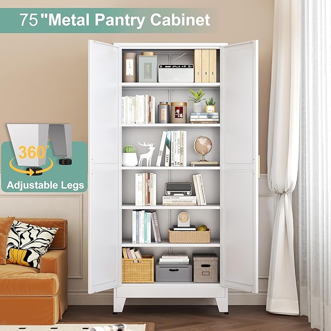 Metal Pantry Cabinet with 2 Doors and 5 Adjustable Shelves, Versatile Storage - Image 5