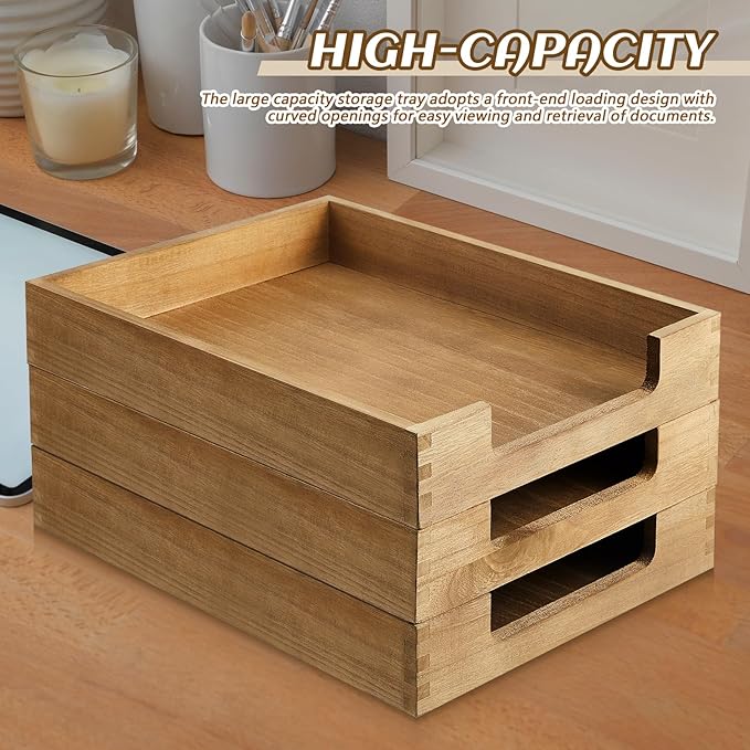 Fulmoon 3 Pcs Stackable Wood Letter Tray A4 Size Desk Tray Organizer Wooden - Image 7