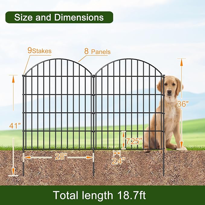 Metal Garden Fence 36in x 18.7ft, 8 Panels +9 Stakes Dog Fence Border Fence - Image 3