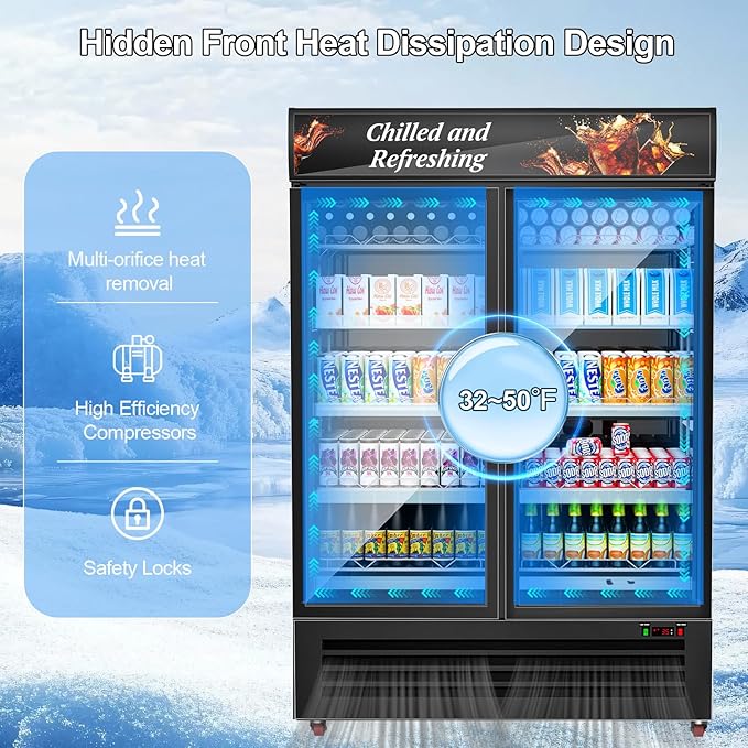 Tylza Commercial Refrigerator, Double Glass Door Display Beverage Fridge - Image 5