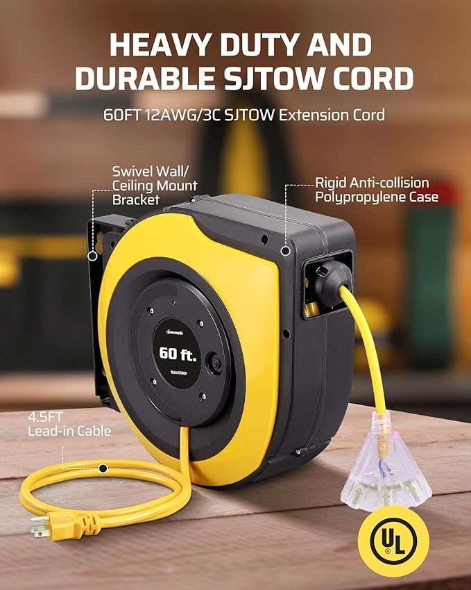 DEWENWILS Retractable Cord Reel, 60FT Heavy Duty Extension Cord, 12AWG/3C SJTOW - Image 3