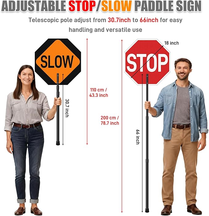 Stop Slow Sign with 66" Adjustable Handle, 18x18 Inch Double Sided Reflective - Image 3