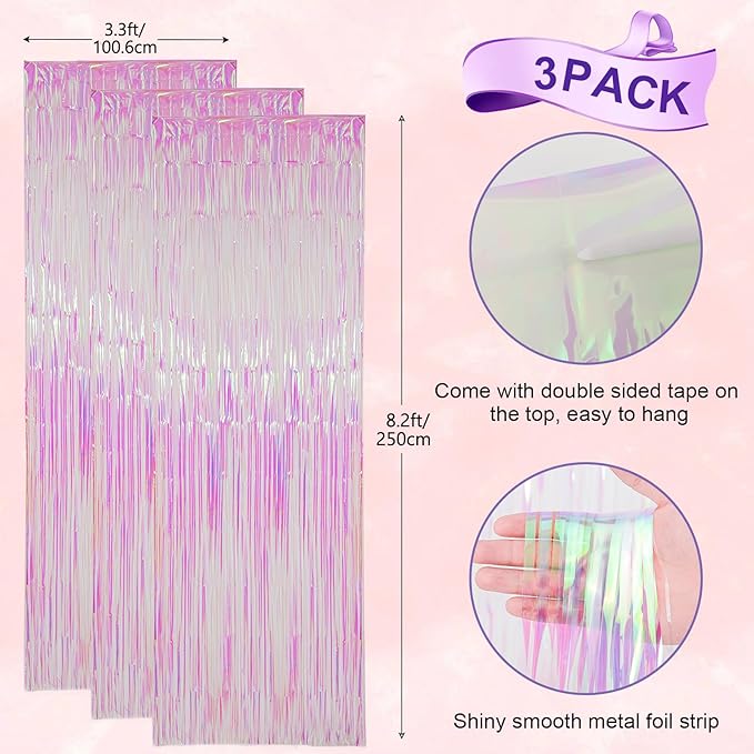 3 Pack 3.3x8.2 Feet Iridescent Transparent Foil Fringe Backdrop Curtains - Image 3