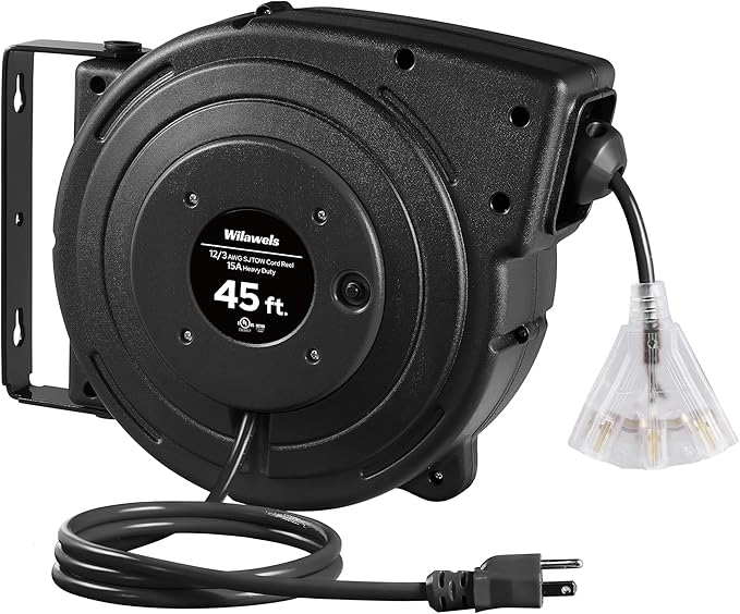 WILAWELS12 Gauge Retractable Extension Cord Reel, 45 FT 12AWG/3C SJTOW Heavy by Wilawels