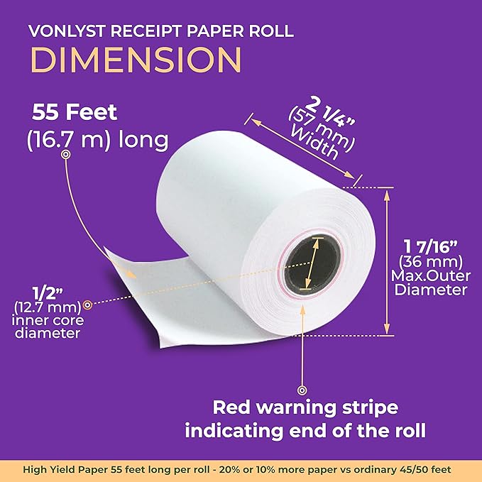 Thermal Paper Roll 2 1/4 x 55 for Verifone Vx520 Ingenico ICT220 ICT250 FD400 - Image 3