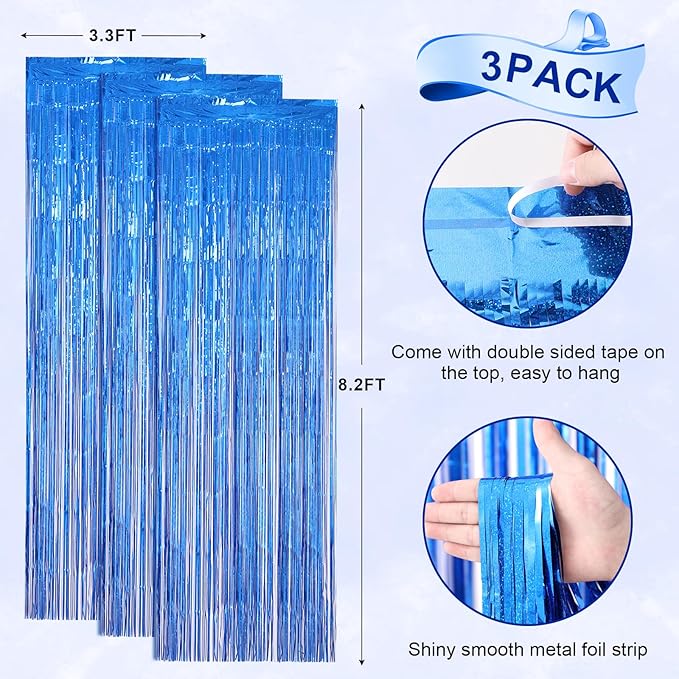 3 Pack 3.3 x 8.2 ft Laser Blue Foil Fringe Backdrop Curtains, Tinsel Streamers - Image 4