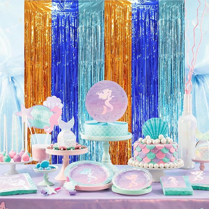 3 Pack 3.3 x 8.2 ft Blue Orange Foil Fringe Backdrop Curtains, Tinsel Streamers - Image 5