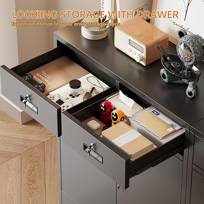 Metal Storage Cabinet with 2 Drawers and Shelves, Adjustable Shelf File Cabinet - Image 4