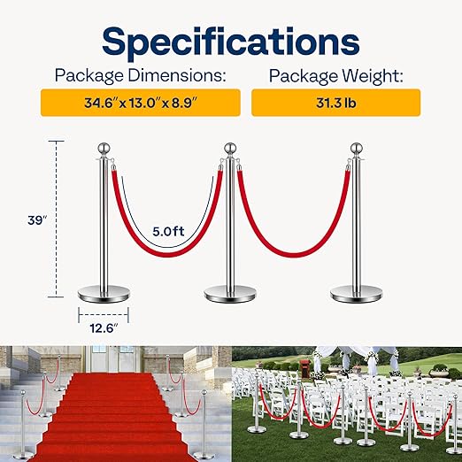 VIVOHOME Stainless Steel Stanchion Post Queue 6PCS Pole w/ 4 Red Velvet Ropes - Image 7