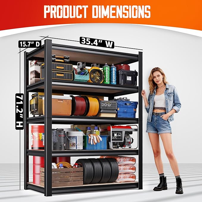 71"H-35"W Garage Shelving-2050LBS 5 Tier Storage Shelves, Adjustable Heavy Duty - Image 5