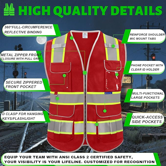 BeautyWill Custom Logo 10 Pockets Safety Vest Class2 ANSI Certified High - Image 6