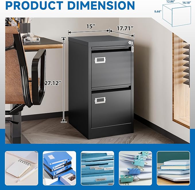 2 Drawer File Cabinet with Lock Metal Vertical Filing Storage Cabinet Office - Image 4