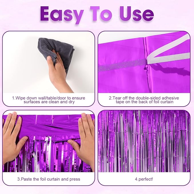 3 Pack 3.3x8.2 Feet Purple Foil Fringe Backdrop Curtains, Tinsel Streamers - Image 4