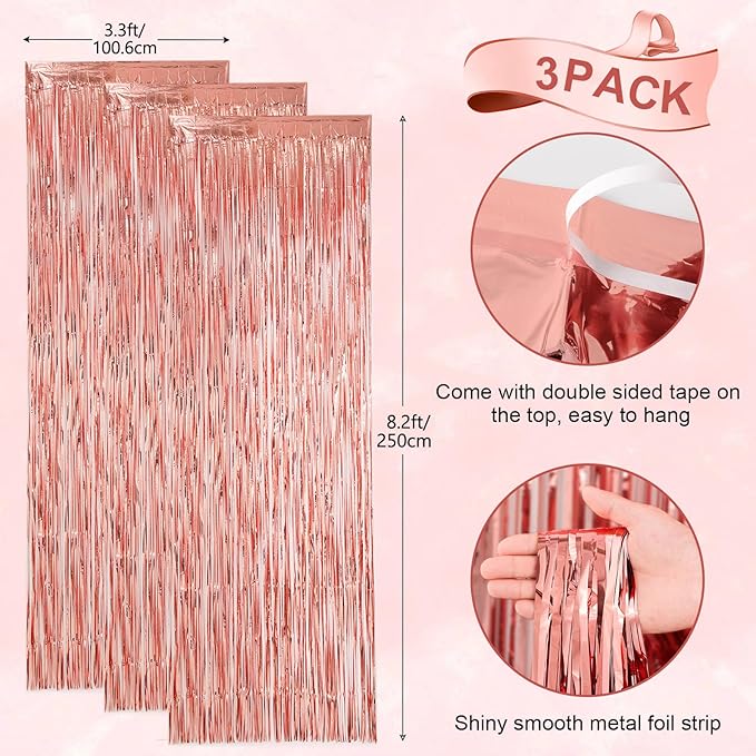 3 Pack 3.3x8.2 Feet Rose Gold Foil Fringe Backdrop Curtains, Tinsel Streamers - Image 3