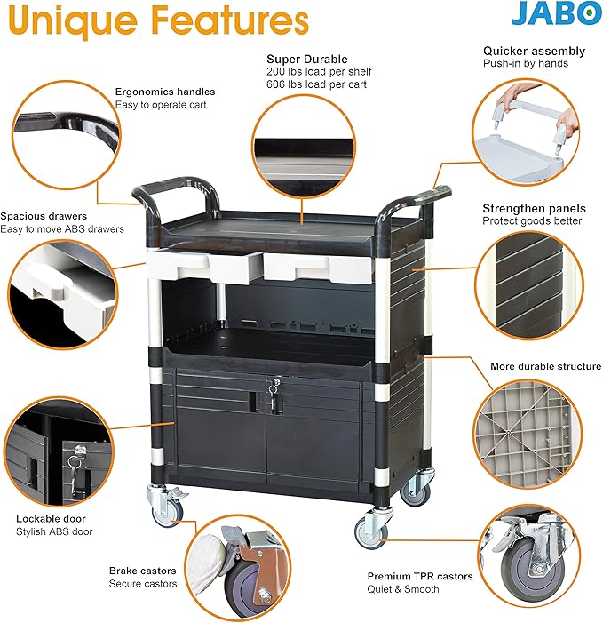 JaboEquip 3 Tier Heavy Duty Utility Cart, Lockable Medical Cart, 606 lbs Load - Image 3