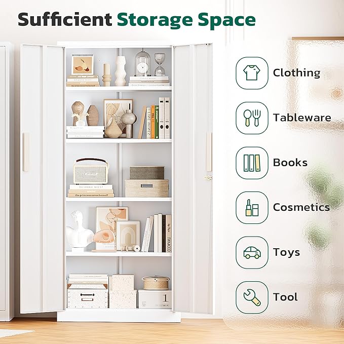 Greenvelly 63" H Metal Storage Cabinet White, Locking Metal Cabinet, Store Tools - Image 3