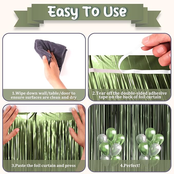 3 Pack 3.3 x 8.2 ft Matte Green Foil Fringe Backdrop Curtains, Tinsel Streamers - Image 3