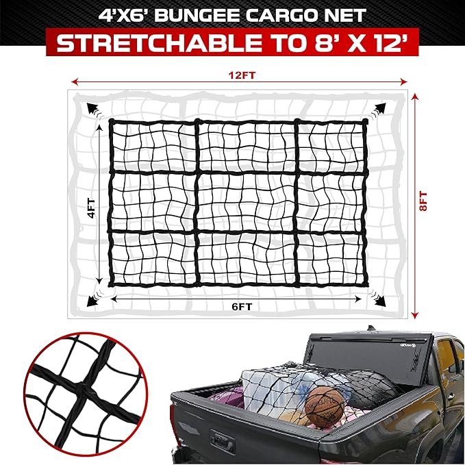 4'x6' Heavy Duty Cargo Net Stretches to 8' x 12', Extra Thick 10mm Cord Bungee - Image 2