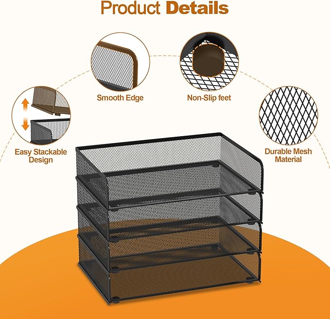 YINGHUA 4-Pack Metal Mesh Stackable Paper Letter Trays Organizer - Image 4