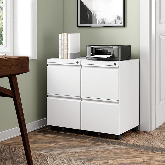 2 Drawers File Cabinet with Lock Metal Vertical File Cabient with Wheels Mobile - Image 2
