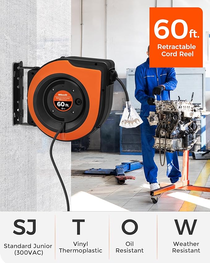 Retractable Cord Reel, 60 FT Heavy Duty Extension Cord, 12AWG/3C SJTOW - Image 2