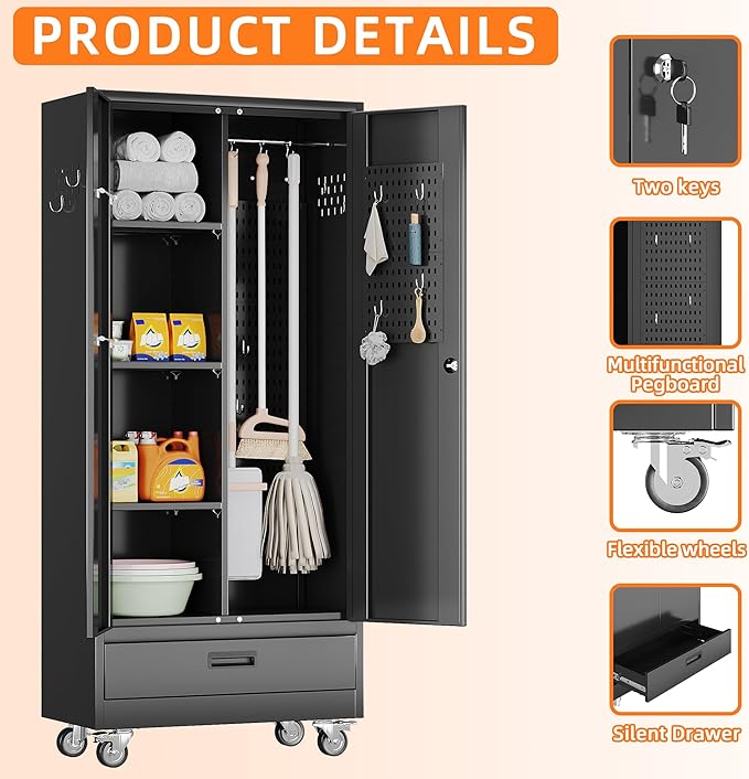 Aobabo Metal Broom Closet Storage Cabinets on Wheels, Steel Mop and Broom - Image 4