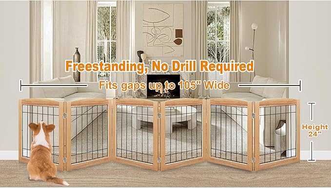 LZRS 6-Panel Extra Wide Wooden Freestanding Dog Gate: Foldable Solid Wood and - Image 2
