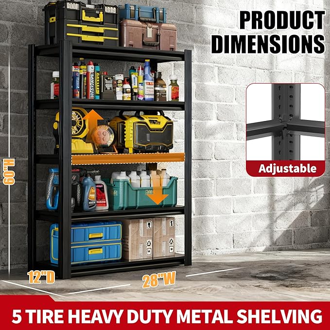 Heavy Duty Garage Shelving, Metal Storage Shelves, Adjustable 5 Tier Metal - Image 2