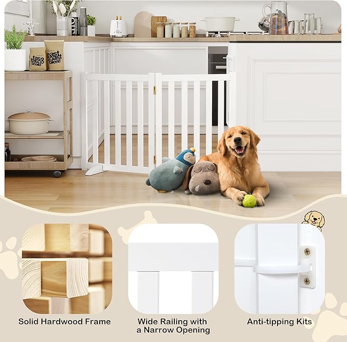 24" Height Tall Freestanding Pet Gate, Solid Wood Folding Safety Fence Wooden - Image 4