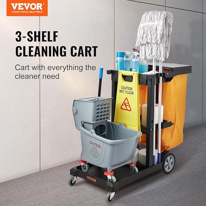 VEVOR Cleaning Cart, 3-Shelf Commercial Janitorial Cart, 200 lbs Capacity - Image 2