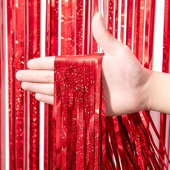 3 Pack 3.3 x 8.2 ft Laser Red Foil Fringe Backdrop Curtains, Tinsel Streamers - Image 2